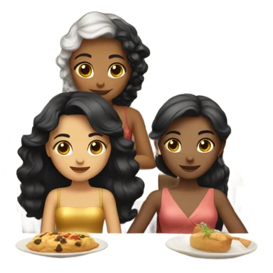 Three girls in New Year's dresses. The first one with black hair. The second one has white hair. The third one has brown hair. They're sitting in a restaurant. sticker