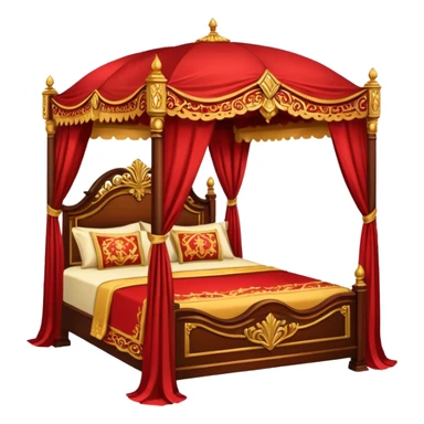 bed with red and gold sheets, wooden, canopy sticker