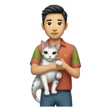 Young Asian man in Cuban-collared shirt holding a Dragon Li cat in his arms sticker