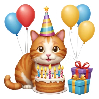 Ginger cat celebrates birthday, birthday hat, birthday cake, balloons, happy, gifts sticker