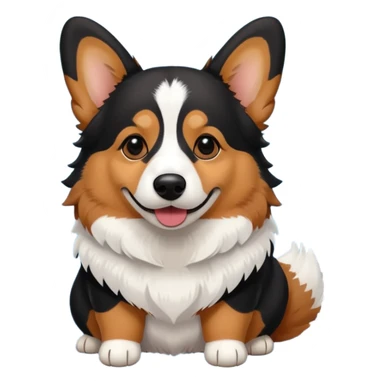black tricolor corgi with no tail and a snowflake on it's nose sticker