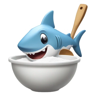 Show a friendly cartoon shark in a kitchen with flour on its nose, playfully sniffing the white powder. There's a mixing bowl of flour nearby, and the shark is holding a wooden spoon, ready to bake. sticker