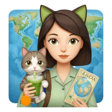 a brunette woman in here 30S drinking an iced matcha, carrying a grey cat and a map of the world sticker