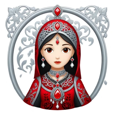 Traditional clothing: Silhouette of a cherkeska (long coat) with iconic gazyrs (decorative cartridge holders on the chest).

Patterns: Incorporate abstract motifs inspired by Adyghe silver embroidery (geometric shapes, swirls).

Symbols:

A silver pendant (e.g., crescent moon or star-shaped).

Stylized shashka (Caucasian dagger) or lyre (representing music).

Colors: Red (symbolizing honor), silver (traditional jewelry), black (elegance).

Style: Flat minimalism, bold outlines, no text.
The emoji should convey pride, hospitality, and connection to heritage. Avoid stereotypes, focus on aesthetic authenticity and respect for traditions."

💡 Example interpretation: A figure in a cherkeska with gazyrs, framed by ornate patterns and a silver pendant, using a red-black-silver palette. sticker