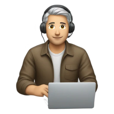 man at computer with a headset sticker