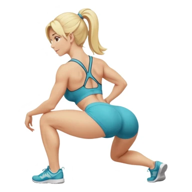 fullbody busty blonde fitness trainer, back view, bending over, squatting on her soles, SFW, athletic build, cheerful expression sticker