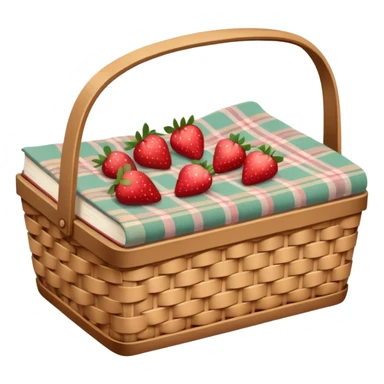 Vintage romantic picnic basket, filled with strawberries, soft colored flowers, a pastel plaid blanket and a vintage looking hardcover book inside basket, ultra detailed, 8k sticker