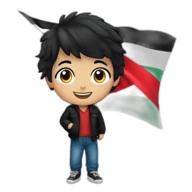 a young boy waving the palestine flag up high he is wearing a black jacket with blue jeans and black hair sticker