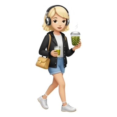 a young woman full length walks with headphones on with a caviar sandwich in one hand and herbal tea in the other hand sticker