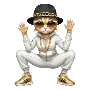 female cat wearing Run DMC hip-hop outfit with tracksuit, fedora, Adidas sneakers, dark sunglasses, many gold chains and bling accessories, break dancing sticker