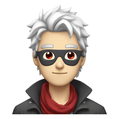 Anime guy, with white messy hair,  eye patch on right eye , red eyes, crimson scarf around neck, and gray skin  sticker