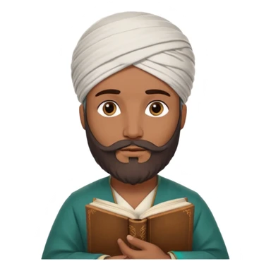 İbni Rüşd symbolized inside a circle frame, wearing Andalusian style clothes, bearded, turban on head, holding a book, wise and thoughtful expression sticker