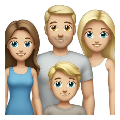 white family dad, short brown hair blue eyes, mum long brown hair blue eyes, boy brown hair blue eyes, toddler blonde hair blue eyes sticker
