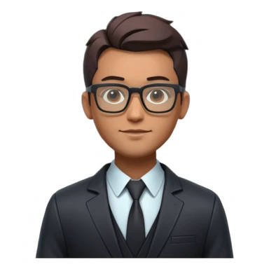 A stylized 3D avatar of a visionary tech CEO, male, wearing glasses and a sleek dark blazer. He has a confident, friendly expression. The lighting is a dramatic gradient of purple and electric blue neon. Rim lighting on the edges of the character. Dark background, cyberpunk minimalist aesthetic. sticker