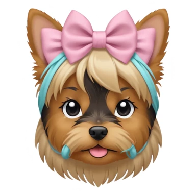 a Yorkshire Terrier face with a ponytail on head tied with a bow. Cute expression, flat design, pastel colors sticker