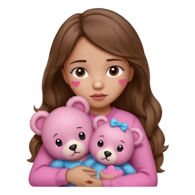 girl with long wavy brown hair, brown eyes, light to medium complexion, in a pink shirt, pink lips, long lashes, sad, hugging squeezing a teddy bear with bandaid hearts sticker