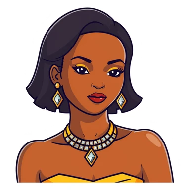 beautiful, curvy African American woman with dark brown skin, straight black hair, bold makeup, gold jewelry, diamonds, confident pose, inspired by Bratz doll sticker