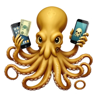 Intimidating octopus made of bones. Evil looking eyes, wearing a gold necklace. 3 tentacles are holding their own cellphone with one held to the side of its face as if its on a phone call, 2 other tentacles are holding stacks of money sticker