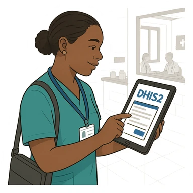 community health worker with a tablet, entering data into DHIS2, healthcare setting sticker