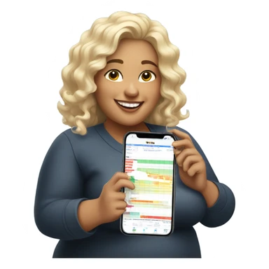 overweight curl blondie woman happy with a smartphone in hands showing charts sticker