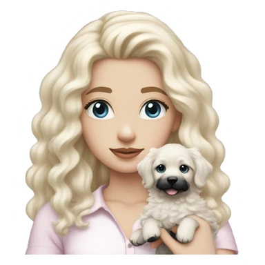 pale blonde girl with long platinum white wavy hair with blue eyes and wearing a light pink shirt holding a black and white curly haired puppy sticker