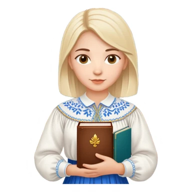 Young Ukrainian librarian wearing a traditional white embroidered vyshyvanka shirt holding books sticker