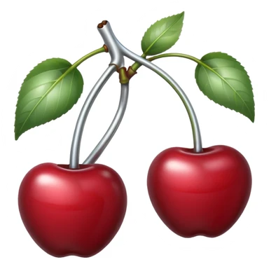 A pair of cherries emoji made of polished silver chrome, smooth rounded shapes, glossy metallic finish, soft highlights and reflections, cute proportions, iOS emoji style, centered, clean white background, no text sticker