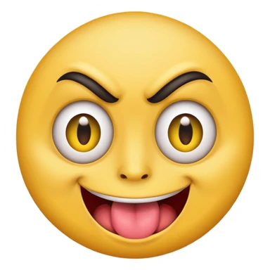 A yellow round face emoji smirking with its tounge out but the eyes are evil and kind of crazy and the eyebrows are turned in but one is raised  sticker