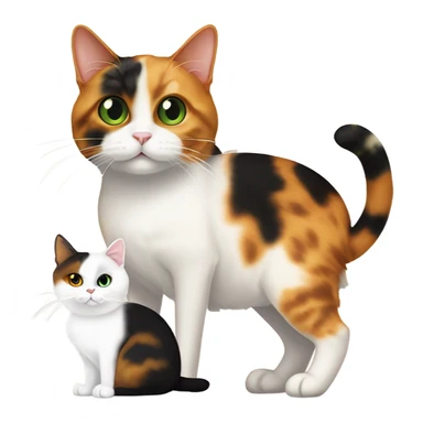 caliby-and-white cat with white paws and green eyes, next to a skinny dark tortoiseshell cat with orange eyes and a cream colored marking above its mouth sticker