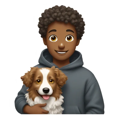 A happy curly-haired boy in a sweatshirt holds a border collie sticker