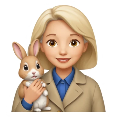 Older female vet – gentle smile, coat, checking rabbit  sticker