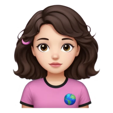 I want to design a girl with wavy hair that is dark brown, close to black And you wear a T-shirt Its color above the neck and sleeves is black The bottom is white, with a star and the planet Saturn on it Her eyes are also dark brown, and her cheeks are pink sticker