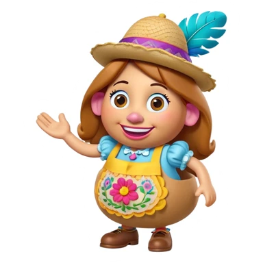 Create a 3D Pixar-style Mrs. Potato Head character with a rounded, slightly uneven shape, expressive eyes, a wide smile, and cartoonish limbs, dressed in a colorful apron with intricate embroidery, a vibrant hat adorned with a feather sticker
