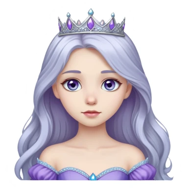 long haired girl with silver hair color and pale skin, she has a sky blue eye color and she's wearing a purple princess gown sticker