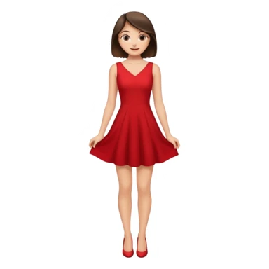 Cartoon emoji of a young brunette woman with fair-medium skin, brown eyes, wearing a red outfit. Full-height, standing confidently in a red dress  posing sexy with a smile and relaxed posture. Smooth, friendly, stylized, make up on, flirty eyes and smile in a sexy position  sticker