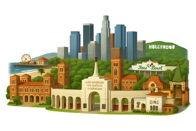 Adjust the Los Angeles emoji to prominently include more of the Los Angeles Memorial Coliseum, making it a more complete and detailed feature in the cityscape. Keep all buildings realistic with lifelike architectural detail and accurate proportions. Maintain the current layout exactly: Coliseum arches, Royce Hall at UCLA, Bovard Administration Building at USC, Rose Bowl Stadium with its neon sign positioned more inland, Santa Monica Pier and beach at the coast, downtown LA skyline, Chinese Theater, and Hollywood Sign. Use accurate colors and bright daytime lighting. The background should be fully transparent with no sky, no clouds, and no city name label. Do not change the layout or composition except to show more of the Coliseum. sticker