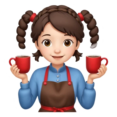 A cozy pig tail hair vendor with fluffy earmuffs, wearing apron handing out steaming cocoa with a warm smile. sticker