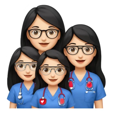 Genera emogis de 4 cuatro enfermeras de cabello negro largo, entre ellas que una tenga lentes y otra un lunar encima de los labios sticker