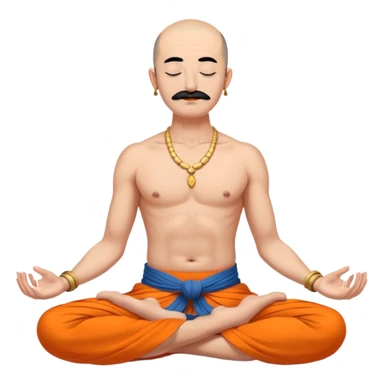 сossack with bold head, very long 15 inch black mustache, lock of black hair sprouting from the top of the shaven head, meditating bare torso with closed eyes in lotus pose in long orange indian dhoti covering the legs sticker
