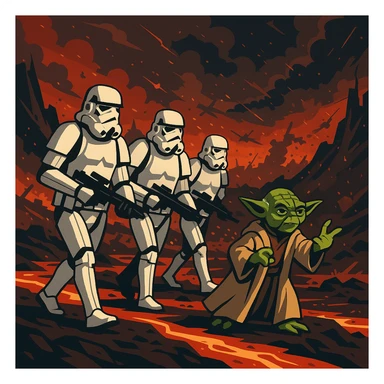 vector art of a Starwars stormtroopers is walking on lava planet with yoda, battleground background

 sticker