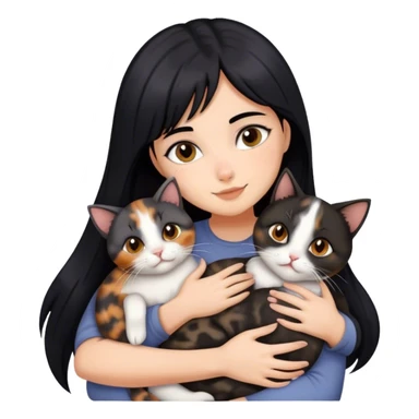 girl with black hair hugging three cats  (tortie cat, dark gray cat, brown calico cat) sticker