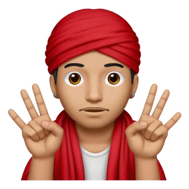 A cholo wearing all red with a red rag on his head holding up four fingers sticker