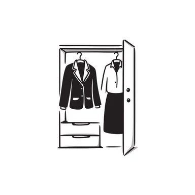 Hand-drawn minimalist wardrobe, slightly open revealing neatly arranged business attire sticker