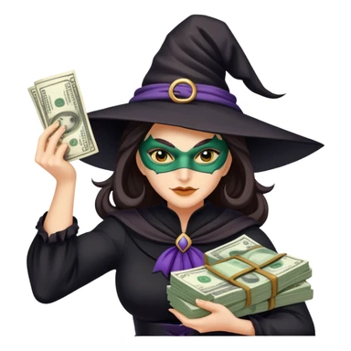 a woman witch a mask flexing money sticker