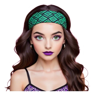 A confident young woman with long, wavy brown hair wearing a black headband. She has striking green eyes and well-applied makeup, including purple-toned eyeshadow, defined eyebrows, and soft pink lipstick. She is dressed in a stylish black and white patterned top, with a neutral-colored background. The lighting is soft and even, casting gentle shadows that highlight her facial features. Her expression is poised and self-assured, looking directly at the camera. sticker