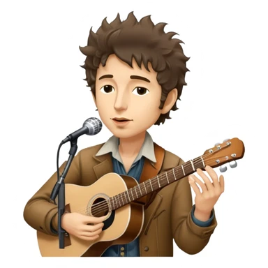 Icon for Folk Music: Bob Dylan with his harmonica and acoustic guitar, performing with his band on stage. The atmosphere should be intimate and nostalgic, capturing the soul of folk music with simple instruments and natural vibes. Transparent background. sticker