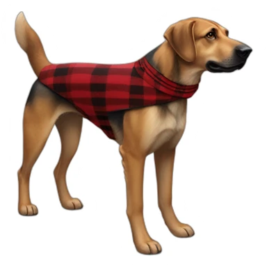 adult 75% Coonhound 25% German Shepherd mix dog with visible tail wearing small pointed red buffalo plaid bandana full body walking left quickly sticker