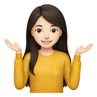 girl using her laptop, long dark hair with no part, white skin and yellow shirt long sleeves, smiling sticker