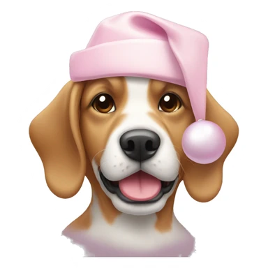 Dog with light pink Christmas hat and white bone in mouth sticker