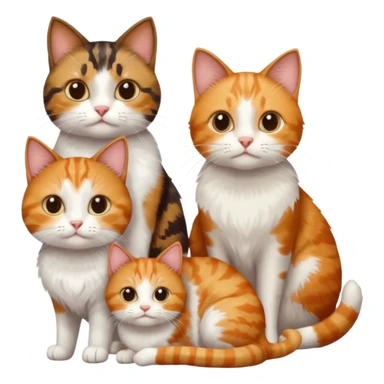 3 different coloured small cats including a dark brown tabby and white, and a patchy calico, and a ginger and white sticker